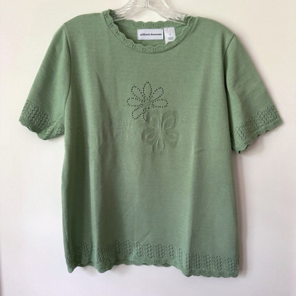 Vintage Alfred Dunner Sage Green Knit Top S Floral Cottage Granny‎ Indie Retro